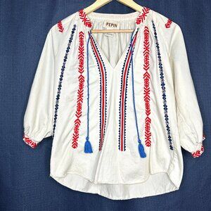 Boho Western Embroidered Pepin by Anthropologie peasant top, S Flowy Lightweight